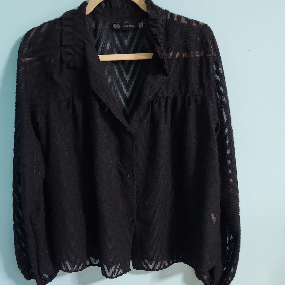 Black Relaxed Long Sleeve Blouse with Notched Collar